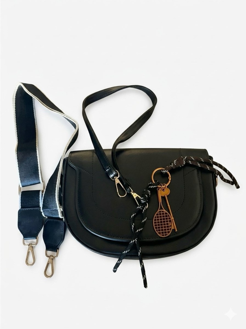 Black Saddle Crossbody Bag with Tennis Charm